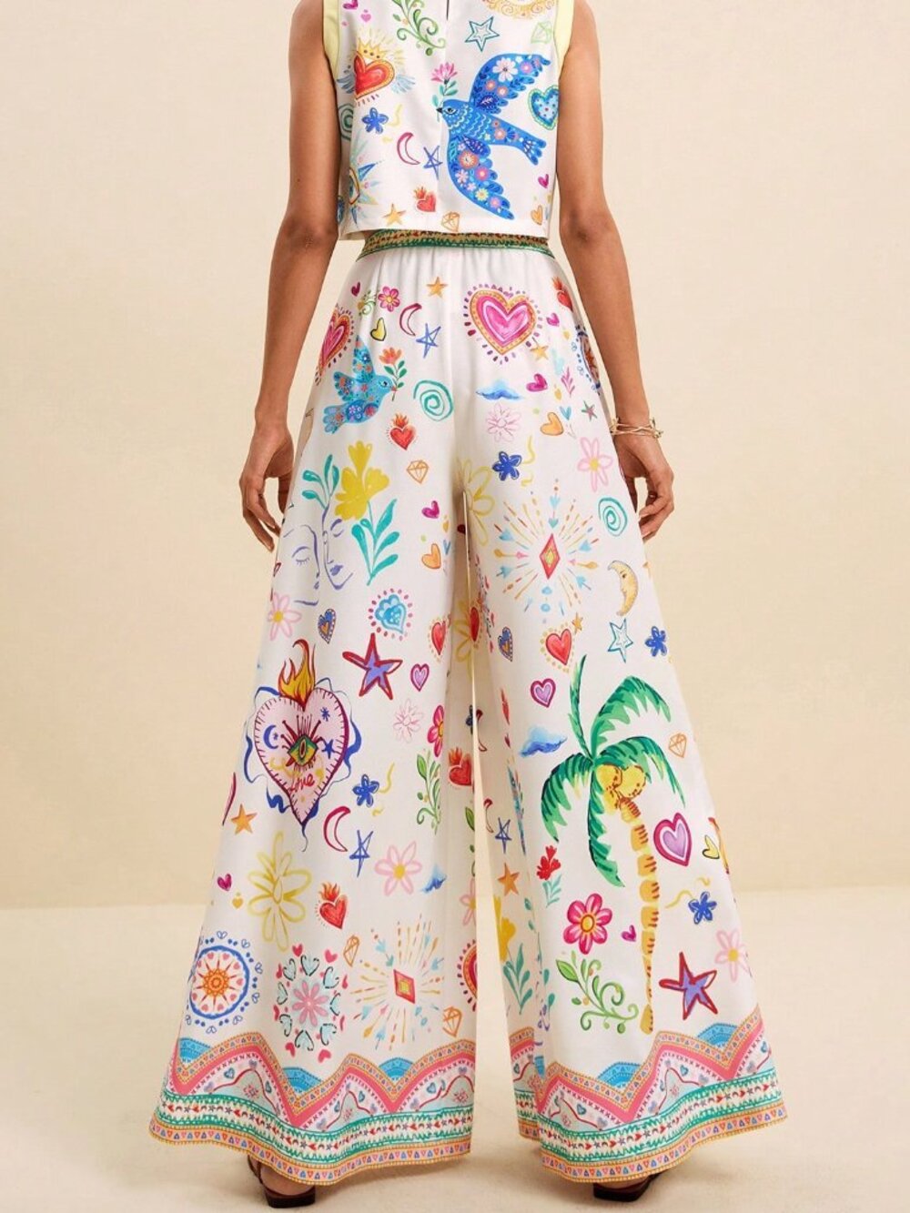 Multicolor Boho Women's Tropical Print Crop Top & Wide Leg Pants 2-Piece Set - Picture 2 of 9